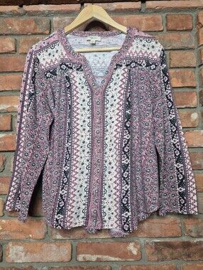 Style & Co. Pink Floral Border Print Cotton Modal Blouse 1X Feminine Cozy
